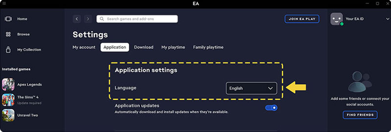 The Language menu option appears under the Application settings in the EA app.