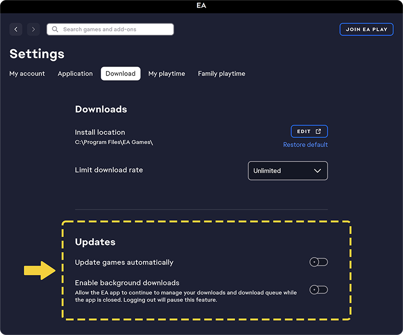 A Settings (Beállítások) Download (Letöltés) lapján található az Updates (Frissítések) szakasz, amely segítségével bekapcsolhatók az automatikus játékfrissítések és engedélyezhetők a háttérletöltések.