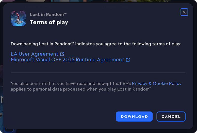 The Terms of play agreement hyperlinks populate before downloading a game.