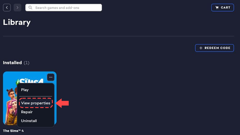 The game tile's 3 dot menu shows play, view properties, repair, and uninstall options.