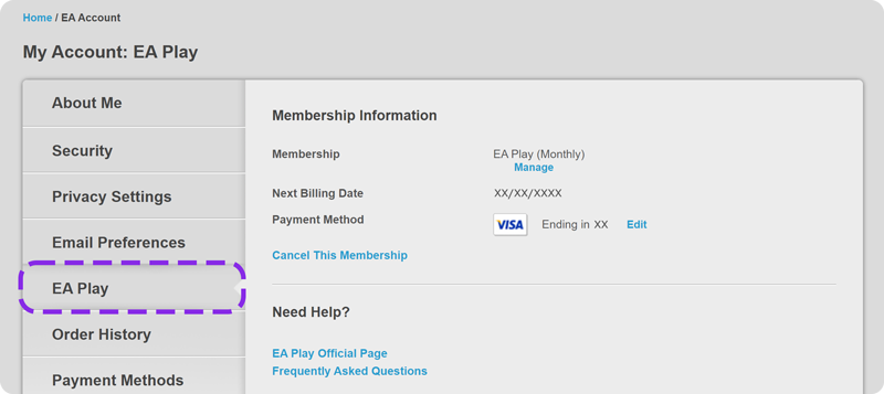 Uma imagem do portal de clientes da Conta EA com o separador EA Play circulou, no lado esquerdo do ecrã.