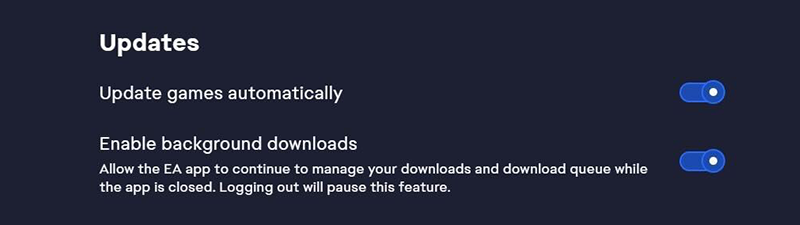 The Updates section in the Download tab of the EA app Settings.