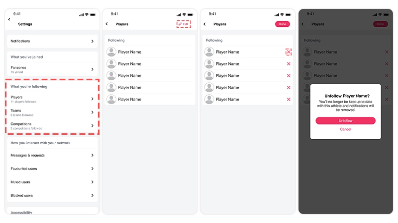 Captures d'écran d'EA SPORTS App montrant les étapes pour arrêter de suivre un athlète.