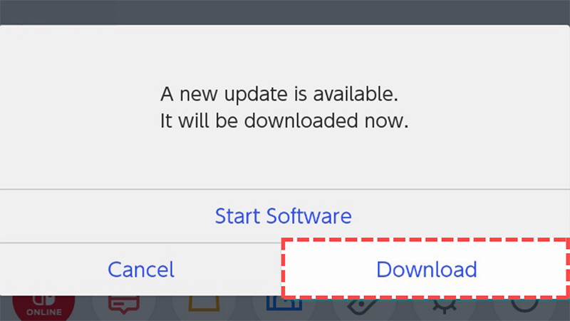 A pop up window asking the player if they want to download a new update with a coral colored dotted line surrounding the Download button.