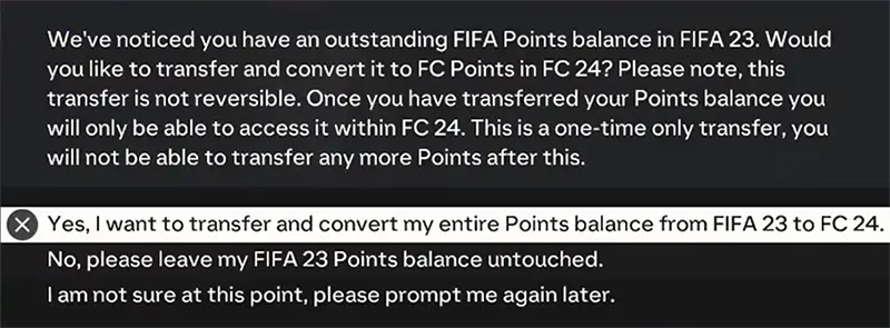 Pop up window asking the player if they want to transfer their points from FIFA23 to FC24.