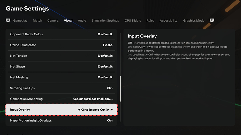 A coral dotted line surrounding the Input Overlay button in the EAS FC 25 Game Settings.