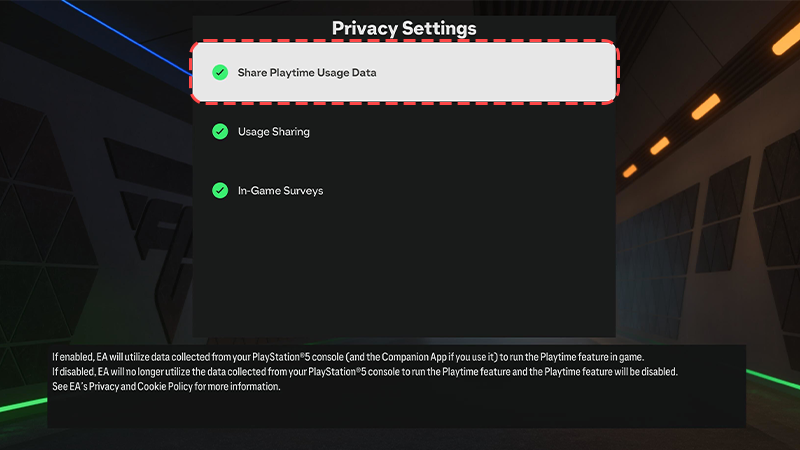 A coral dotted line surrounding the Share Playtime Usage Data button.