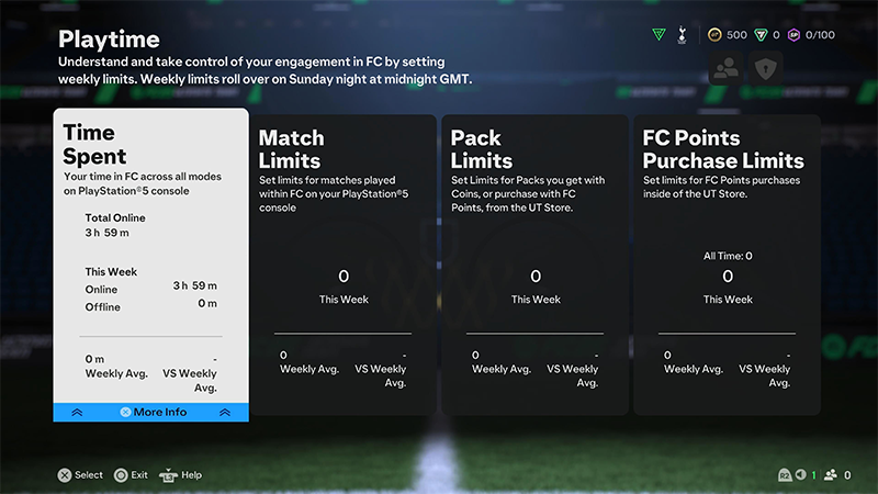 The Playtime menu under the Ultimate Team settings.