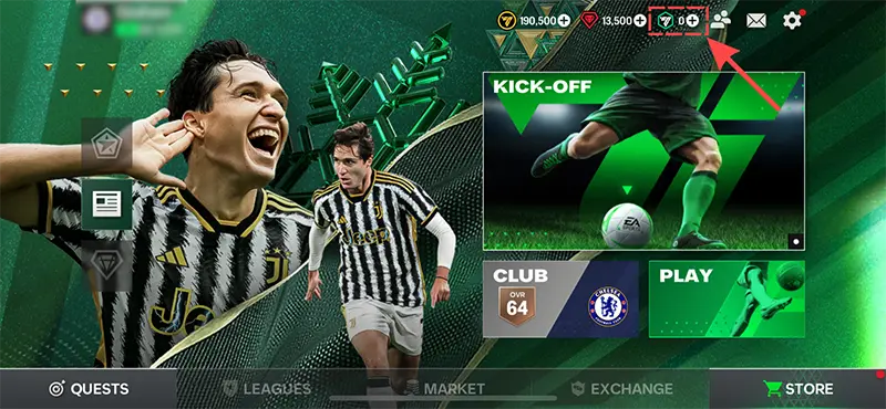 Красная стрелка, указывающая на зеленый значок EAS FC Points в EA SPORTS FC Mobile.