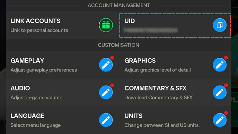 Una línea de puntos coral que rodea la sección de ID de usuario en los Ajustes de FC Mobile.