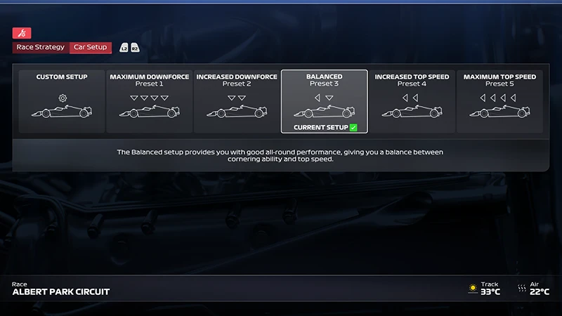The Race Strategy menu in F1 World, showing the Car Setup tab with the Balanced preset selected as the current setup.