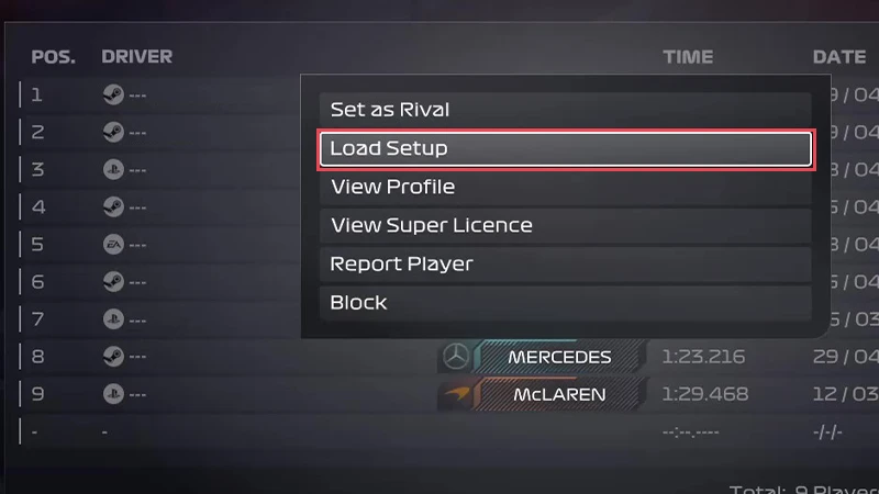 The options menu shown after selecting a driver name in Time Trial, with the Load Setup option highlighted by a red border.