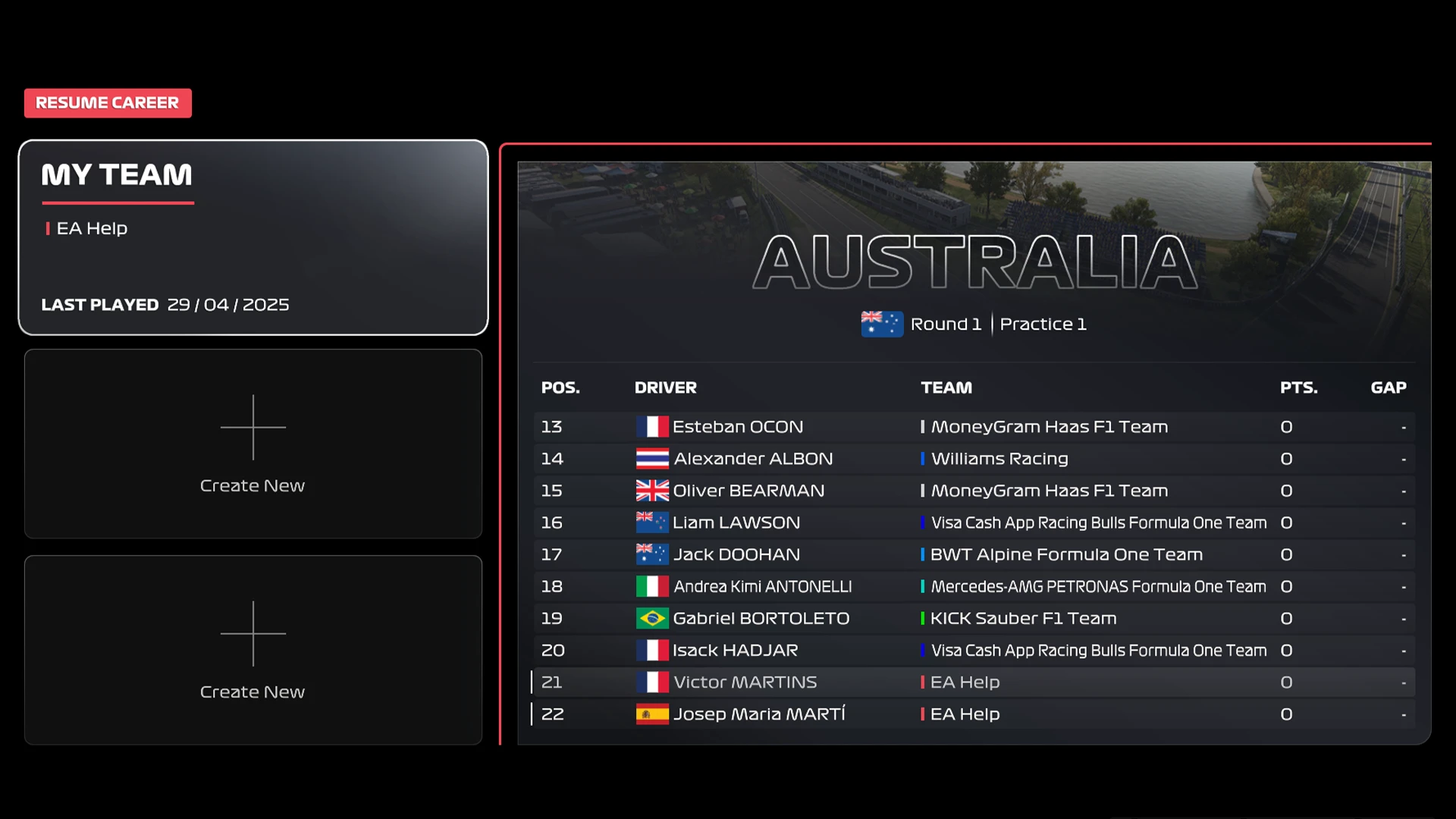 The My Team Career screen in F1 25, showing options to resume an existing My Team career or create a new one.