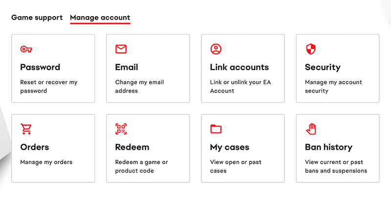 The account management page on EA Help and accompanying support buttons.
