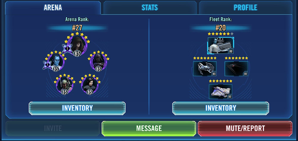 Wyskakujący ekran wyciszania lub zgłaszania graczy w Star Wars: Galaxy of Heroes