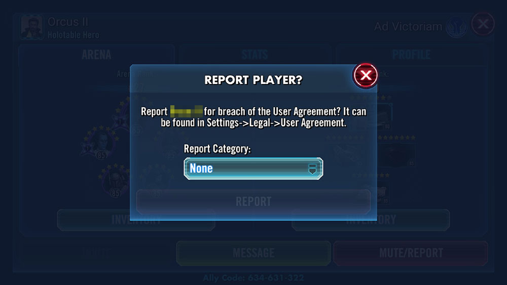 Ecrã de pop-up denunciar jogador no Star Wars Galaxy of Heroes
