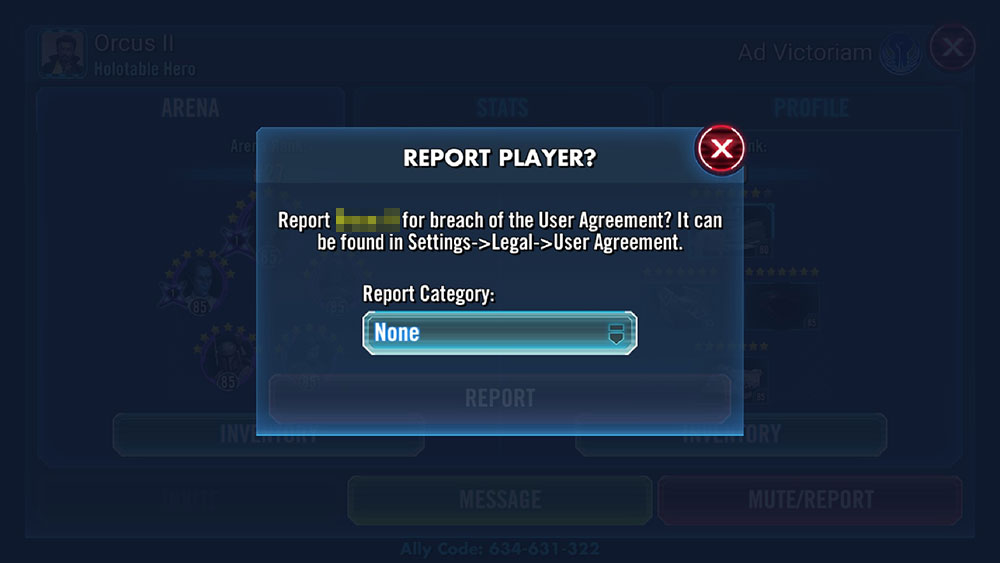 Tela pop-up para denunciar jogador no Star Wars Galaxy of Heroes