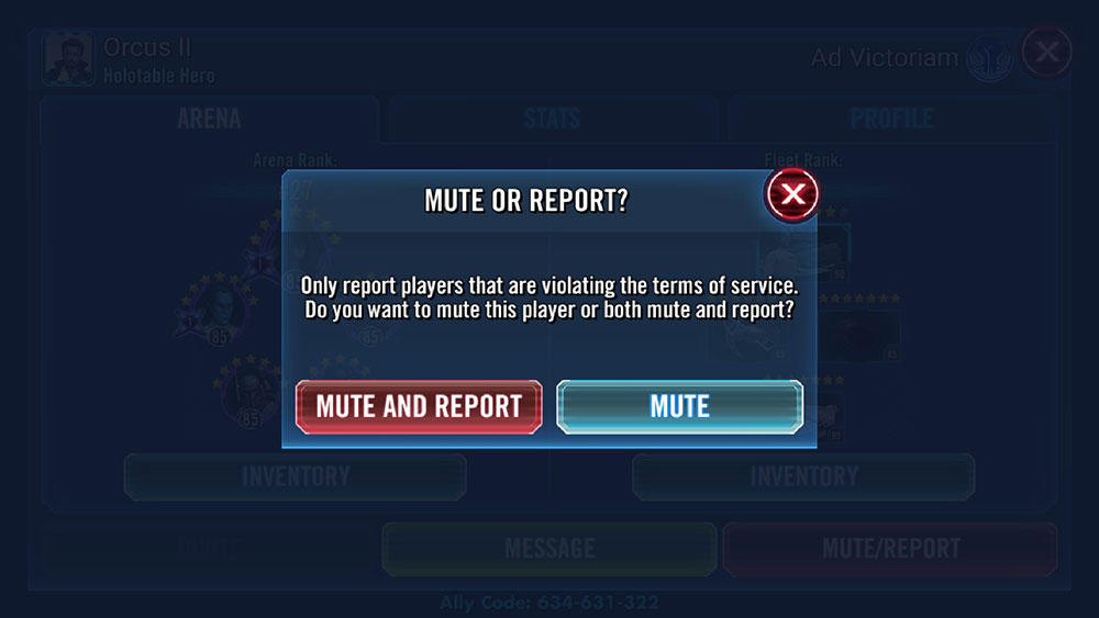 Ecrã de mute/report (silenciar/denunciar) no Star Wars Galaxy of Heroes