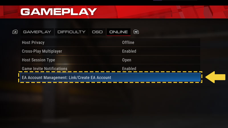 Bouton Lier ou créer un compte EA dans l’onglet En ligne du menu Jouabilité.