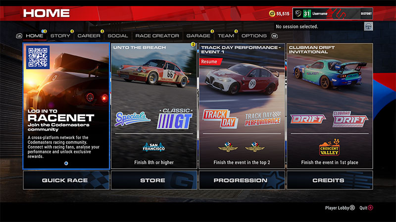 Racenet on the Home screen in GRID Legends.
