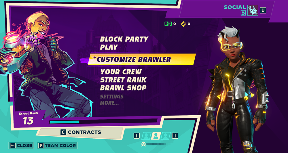 The main menu in Knockout City with the Customize Brawler option highlighted.