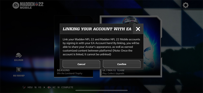 Screenshot of the pop-up option for linking your account with EA.
