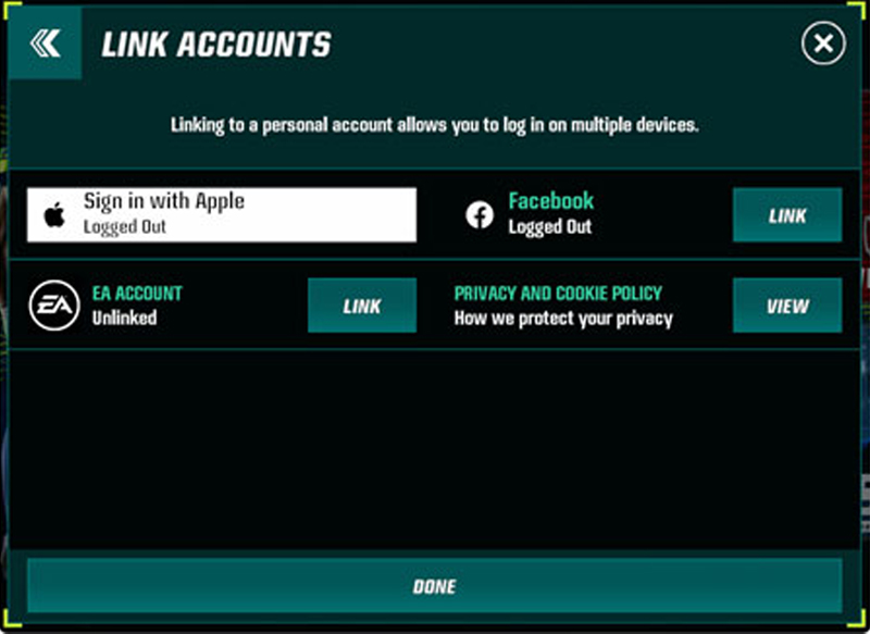 Link Accounts menu shows Link buttons for Apple or Google Play, Facebook, and EA Accounts.