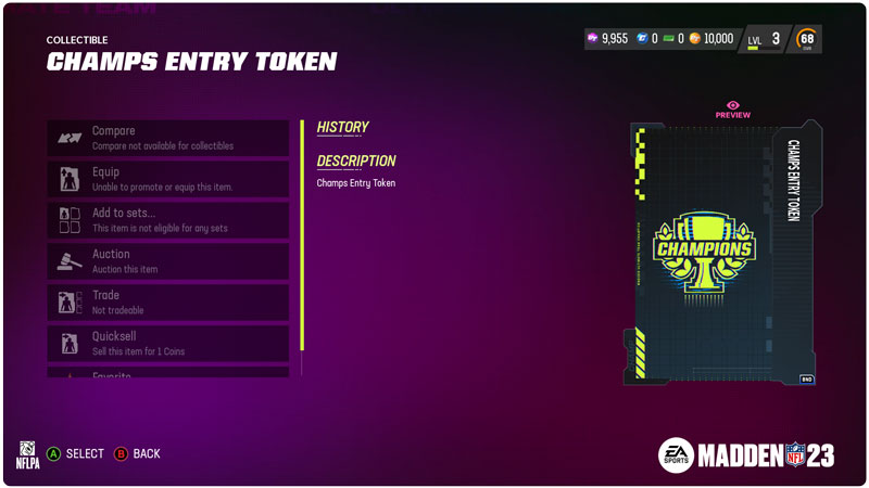 The collectible page shows the Champs Entry Token with neon yellow Champions text atop a trophy icon, with actions and descriptions.