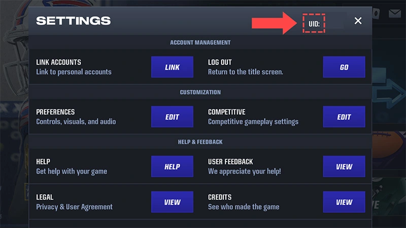 Coral arrow and dotted line surrounding the User ID (UID) in the Settings of Madden NFL 24 Mobile.