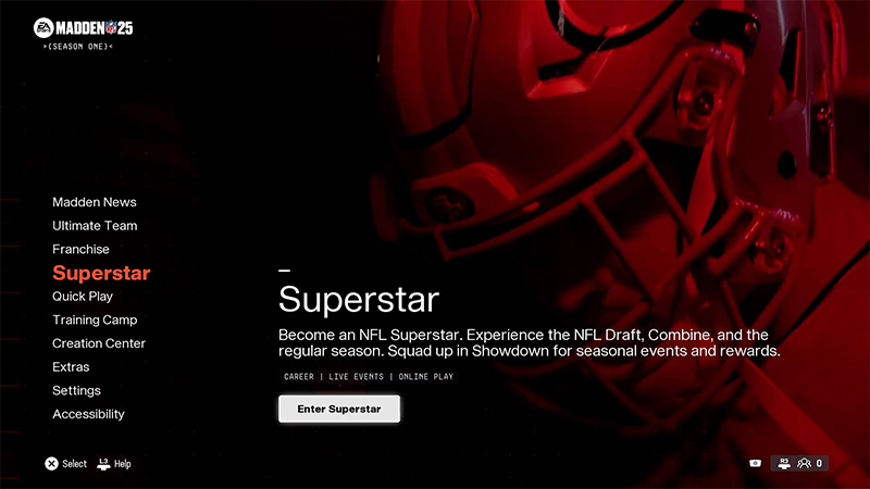 A screenshot of the main in-game Madden NFL 25 menu, with the Superstar option highlighted in orange and an Enter Superstar button.