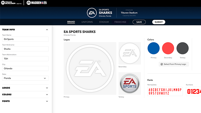 A webpage of the Madden NFL 25 Team Builder website showing the customization options available in the Brand tab.