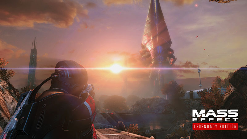 A screenshot from the Mass Effect Legendary Edition showing Commander Shepard and a Reaper.
