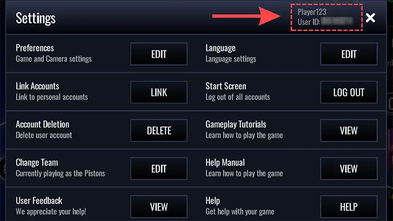A coral dotted line and arrow pointing to the User ID in the Settings tab of NBA LIVE Mobile.