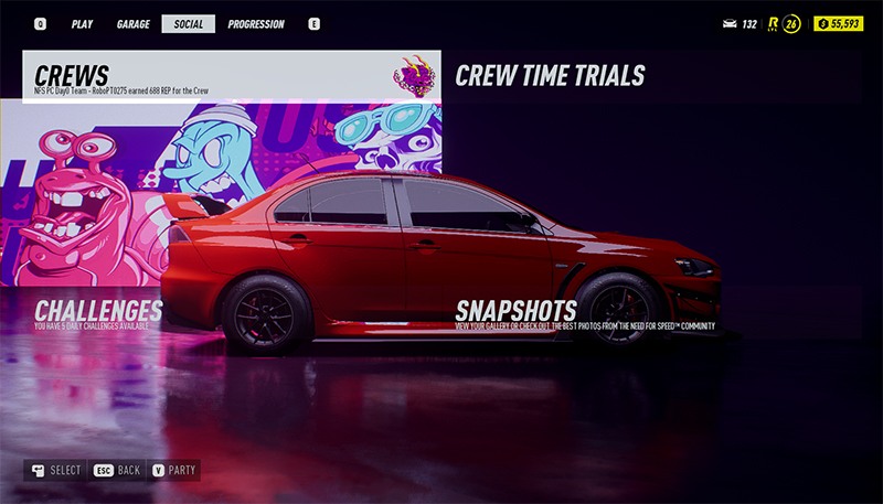 A screenshot of the main Crews menu in Need for Speed Heat.