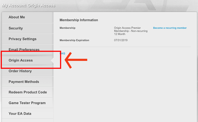 Na záložku Origin Access v nabídce My Account (Můj účet) upozorňují červená šipka a obdélník.
