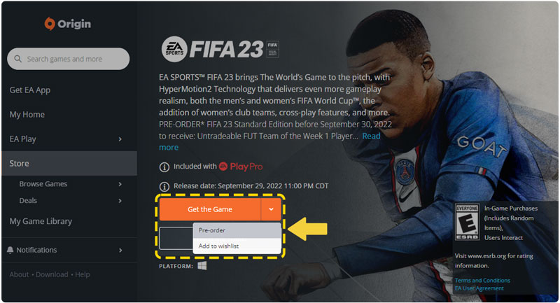 Get the Game button opens a Pre-order dropdown menu for unreleased games in the Origin Store.