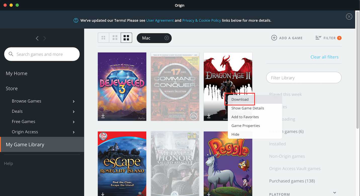 Der Reiter „Meine Spielebibliothek“ wird mit verschiedenen Spiel-Thumbnails angezeigt. Ein rotes Rechteck hebt das Wort „Download“ im Tooltip-Dropdown-Menü neben dem Spiel Dragon Age 2 hervor.
