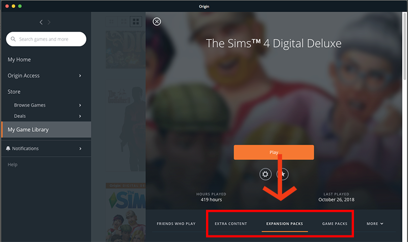 Origin Game Library képe The Sims 4 kiegészítő csomagokkal a fülön.