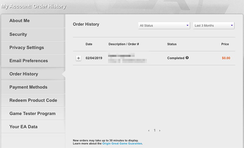 Origin order history in EA Account settings.