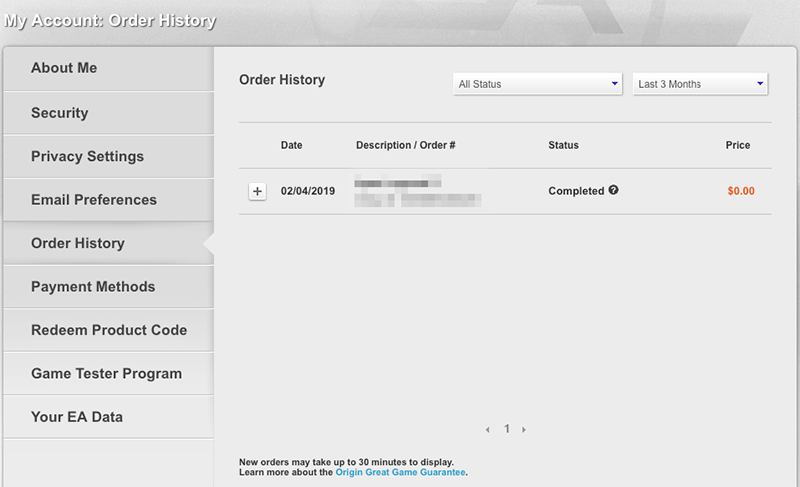 origin order history page