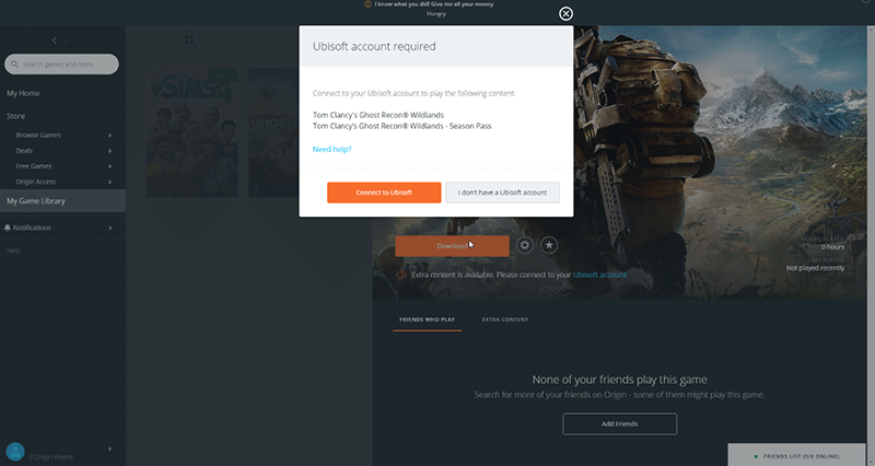 A página da Loja Origin mostrando que o Uplay é necessário para jogar.