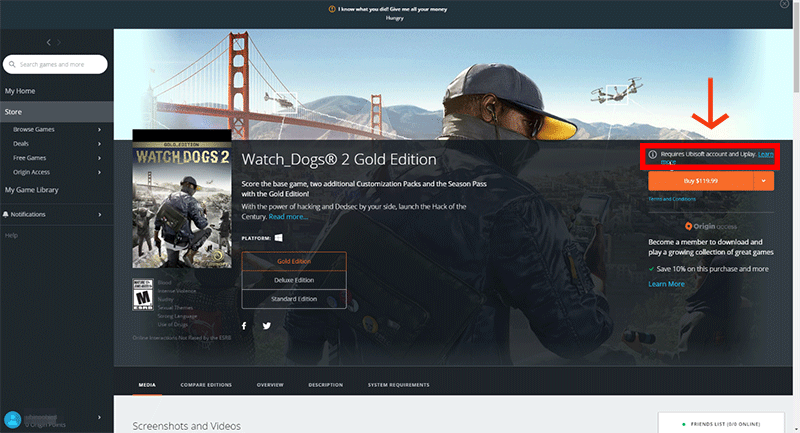A página de Watch Dogs 2 na Loja Origin mostrando que é necessário ter uma conta da Ubisoft e o Uplay para jogar.