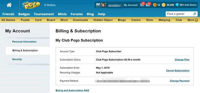 The Pogo Billing & Subscription page.
