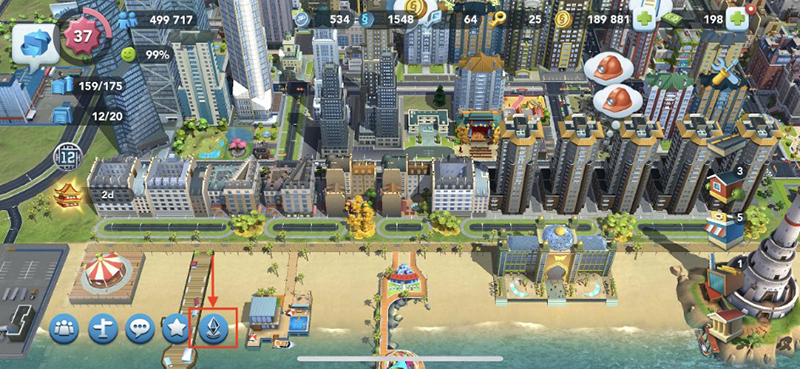 A red arrow points to the Design Challenge button in SimCity BuildIt.