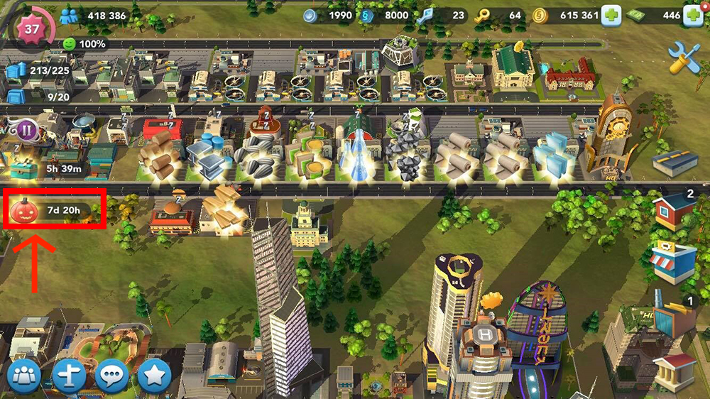 A red arrow points to the Event Track Icon on the SimCity BuildIt game screen.