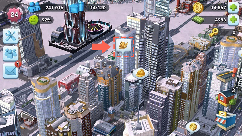 A SimCity BuildIt city with a coral border and arrow around the Winged Golden Helmet icon.