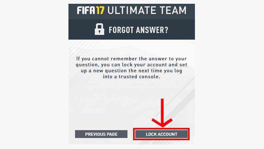 Immagine della fase 6: fai clic su Blocca account dopo aver cliccato su Hai dimenticato la risposta? in FIFA 17 Ultimate Team.