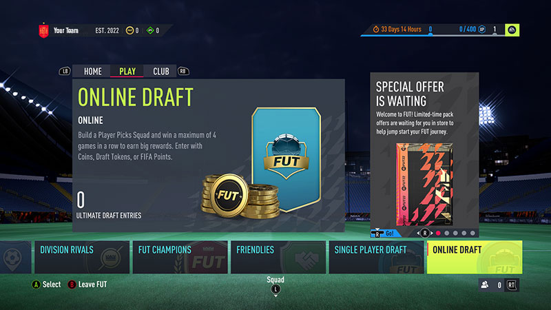 The Online Draft or Ultimate Draft tile appears in the Play tab in-game.