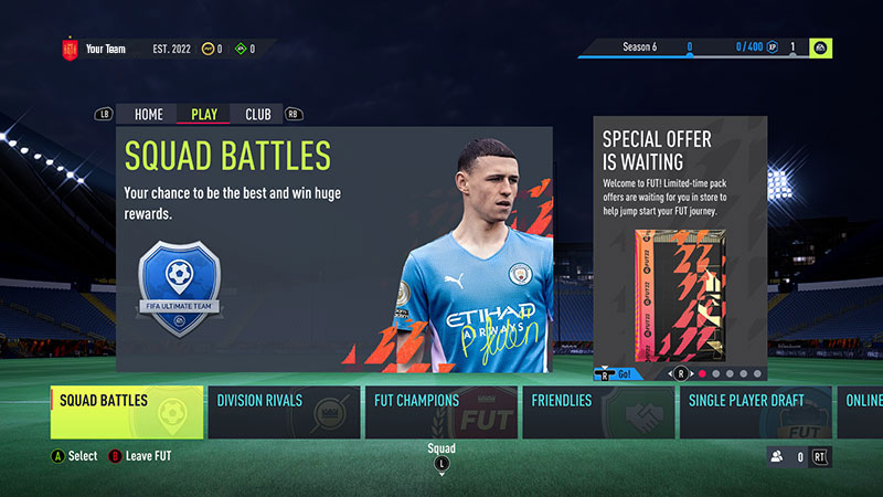 The Squad Battles tile appears in the Play tab in-game.
