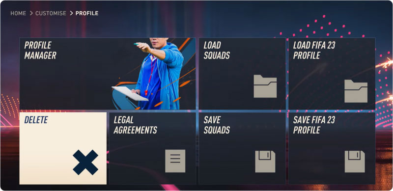 O menu de perfil do FIFA 23 que mostra o bloco Excluir em destaque.